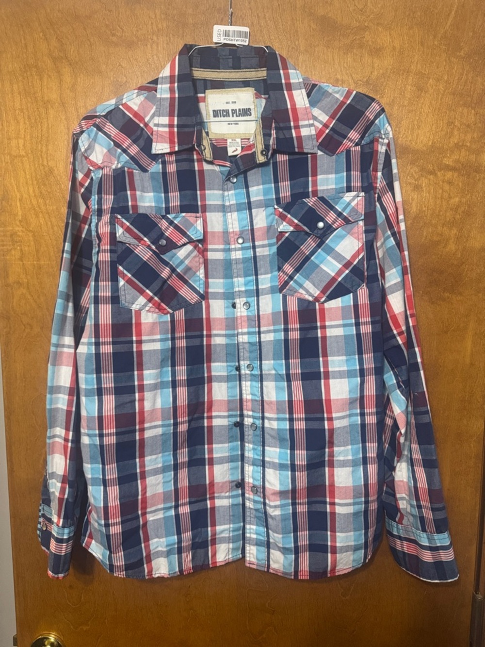 Ditch Plains Red, Navy & Light Blue Plaid Button-Up Shirt